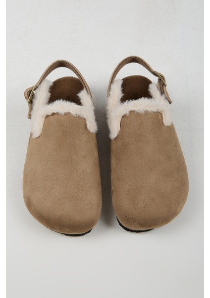 Lapaz Kürklü Kadın Vegan Deri Tokalı Vizon Sabo Terlik