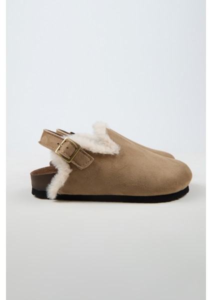 Lapaz Kürklü Kadın Vegan Deri Tokalı Vizon Sabo Terlik fiyatları