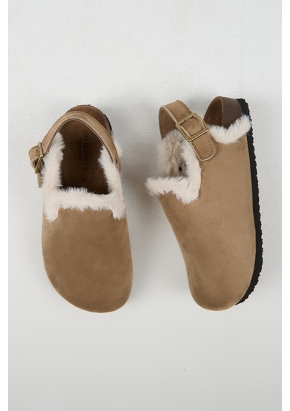 Lapaz Kürklü Kadın Vegan Deri Tokalı Vizon Sabo Terlik modelleri