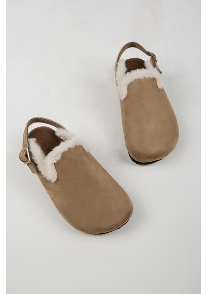 Lapaz Kürklü Kadın Vegan Deri Tokalı Vizon Sabo Terlik fırsatları