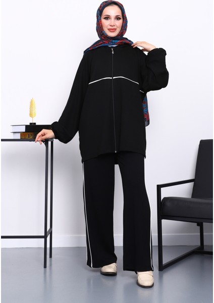 Siyah Fermuarlı Sweat Pantolonlu Modal Takım