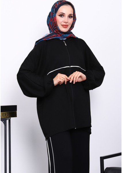 Siyah Fermuarlı Sweat Pantolonlu Modal Takım modelleri