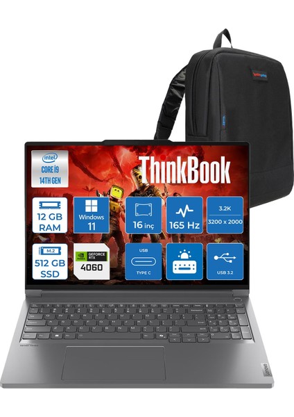 Thinkbook 16P Gen5 Irx Intel Core I9 14900HX 12GB Ddr5 512GB SSD Windows 11 Home RTX4060 8gb Gddr6 16 Inç 3.2k (3200X2000) IPS 430NITS 165Hz Taşınabilir Bilgisayar W21N5004DTRH01 + Zetta Çanta