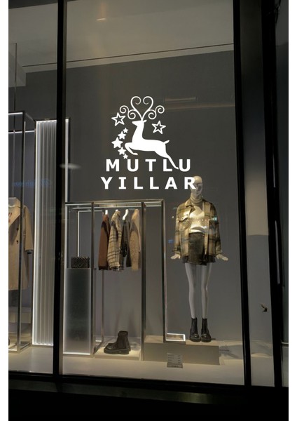 Yeni Yıla Özel Mutlu Yıllar Yazısı Geyik Süslemesi Yılbaşı Kapı Cam Vitrin Sticker fırsatları