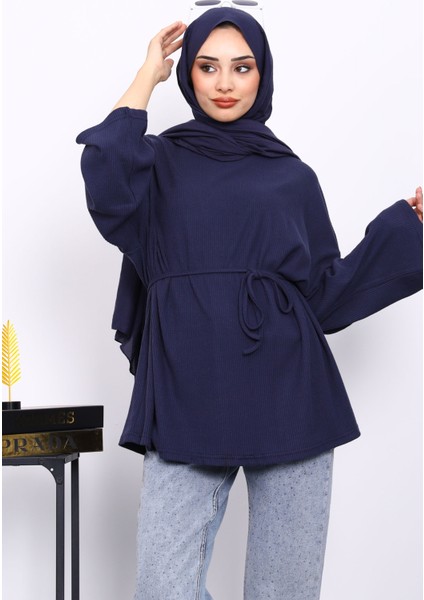 Lacivert Bisiklet Yaka Bel Kuşaklı Tunik