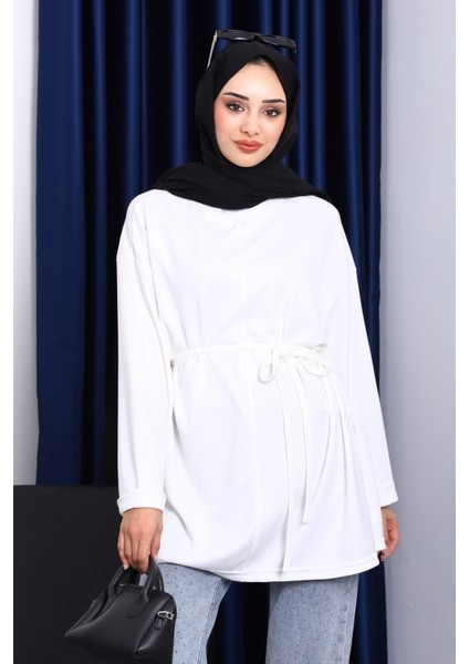 Ekru Yanları Yırtmaçlı Bel Ipli Tunik