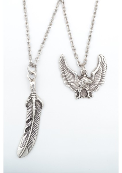 2'li Kuş Tüyü - Kartal Gümüş Kaplama Kolye Seti