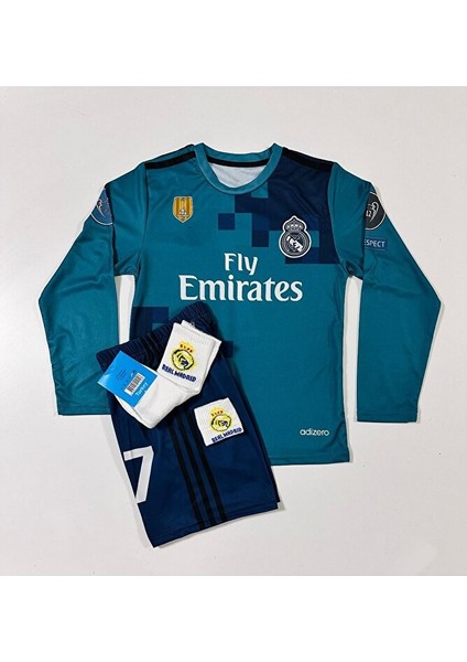 R. Madridd 2018 Cristiano Ronaldo Turkuaz Röveşata Uzun Kol Çocuk Forması (Armalı Set) modelleri