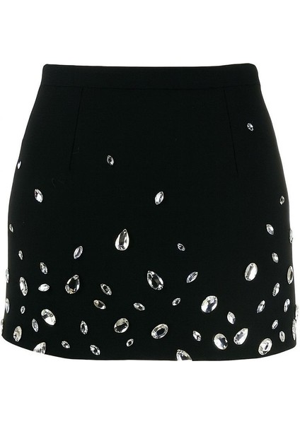 Kadın Siyah Taş Detaylı Mini Etek