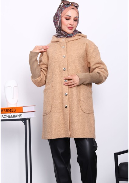 Bisküvi Kapşonlu Buklet Kaban modelleri