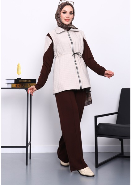 Kahverengi Kapitone Yelekli Tunik Pantolonlu 3 Lü Takım fiyatları