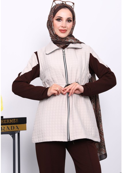 Kahverengi Kapitone Yelekli Tunik Pantolonlu 3 Lü Takım modelleri