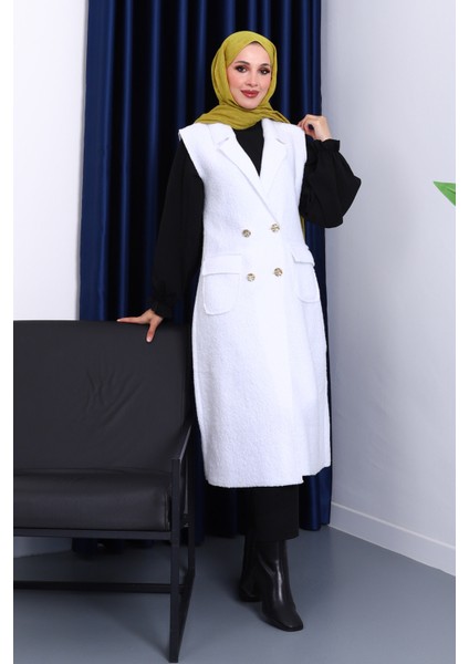 Ekru Düğmeli Uzun Buklet Yelek