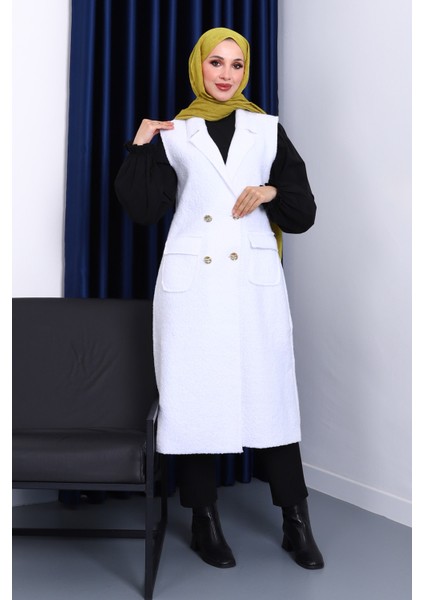 Ekru Düğmeli Uzun Buklet Yelek fiyatları