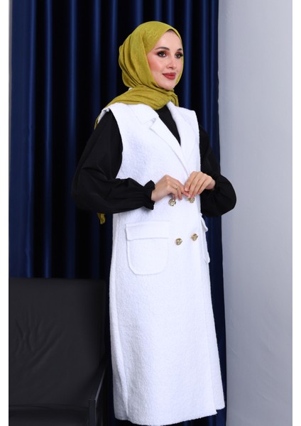 Ekru Düğmeli Uzun Buklet Yelek modelleri