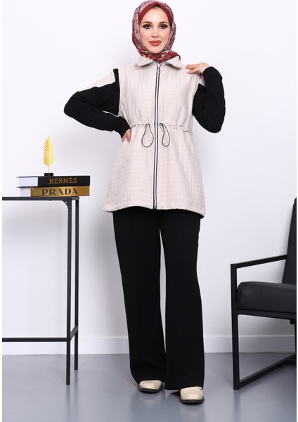 Siyah Kapitone Yelekli Tunik Pantolonlu Takım