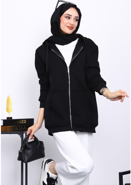Siyah Cepli Fermuarlı Üç Iplik Şardonlu Hırka modelleri