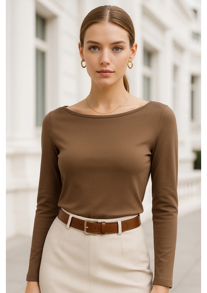 Kadın Kahverengi Kayık Yaka Uzun Kollu Bluz