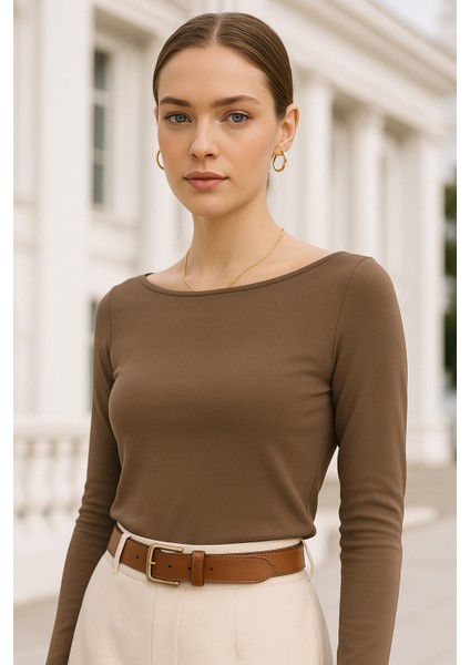 Kadın Kahverengi Kayık Yaka Uzun Kollu Bluz fiyatları