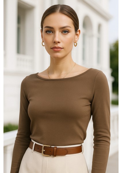 Kadın Kahverengi Kayık Yaka Uzun Kollu Bluz modelleri