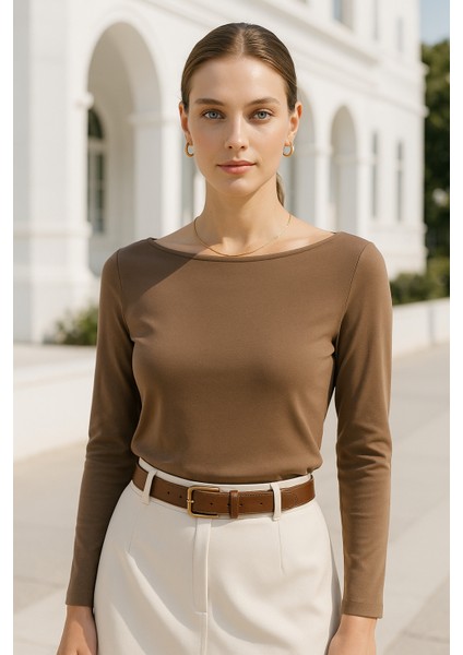 Kadın Kahverengi Kayık Yaka Uzun Kollu Bluz fırsatları