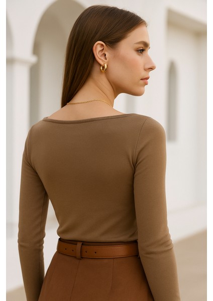 Kadın Kahverengi Kayık Yaka Uzun Kollu Bluz indirimleri