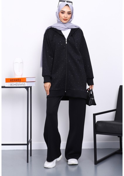 Siyah Taşlı Scuba Tunik Pantolonlu Takım
