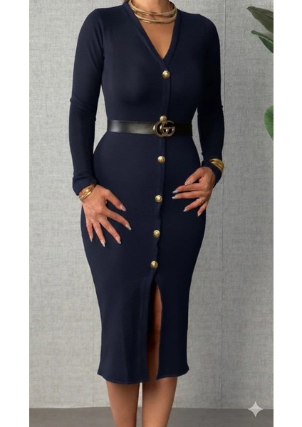 Kadın Uzun Kollu V Yakalı Önden Düğmeli Yırtmaçlı Modal Midi Kemersiz Elbise fiyatları