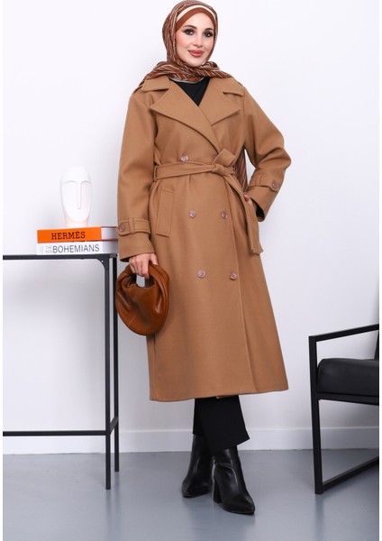 Bisküvi Kruvaze Yaka Kuşaklı Kaşe Kaban