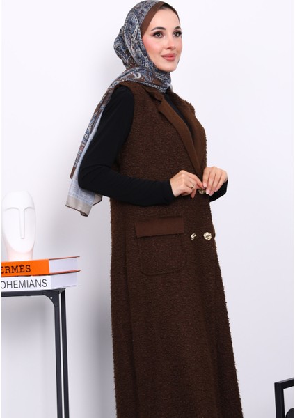 Kahverengi Düğmeli Uzun Buklet Yelek modelleri