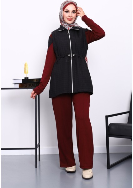Bordo Kapitone Yelekli Tunik Pantolonlu 3 Lü Takım
