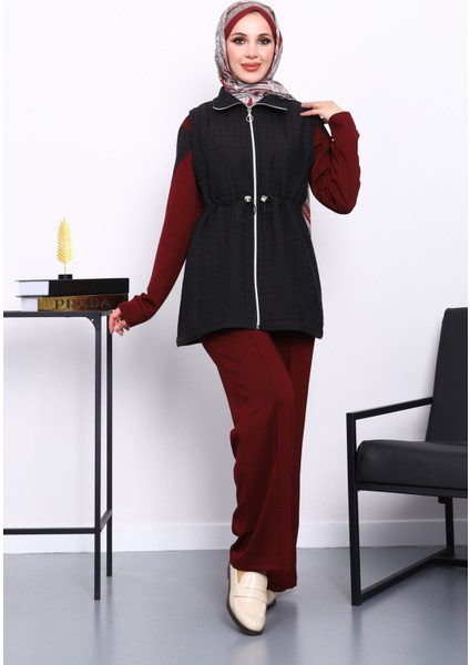 Bordo Kapitone Yelekli Tunik Pantolonlu 3 Lü Takım fiyatları