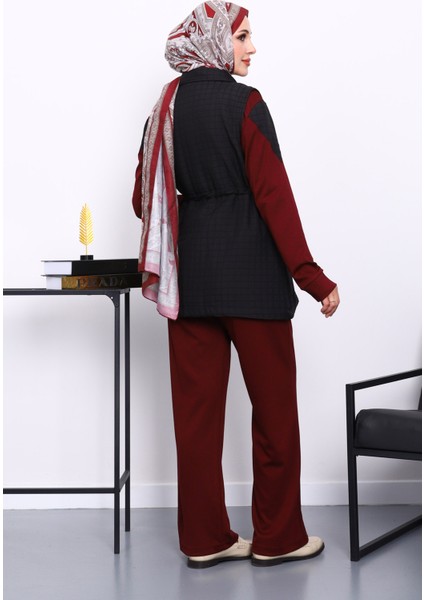 Bordo Kapitone Yelekli Tunik Pantolonlu 3 Lü Takım fırsatları
