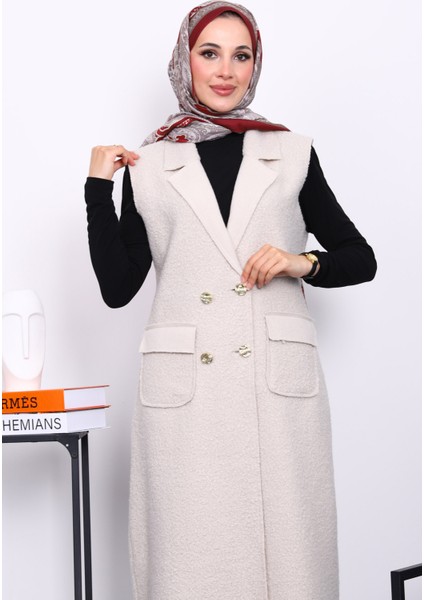 Taş Düğmeli Uzun Buklet Yelek modelleri