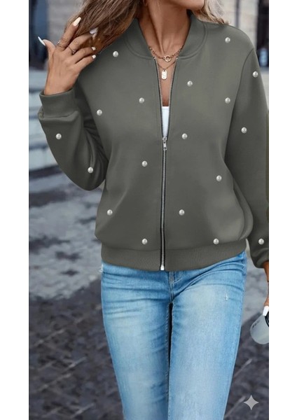 Kadın Uzun Kollu Önden Fermuarlı Incili Kısa Modal Ceket fiyatları