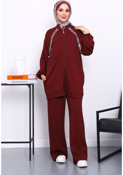 Bordo Çift Cepli Taş Işlemeli Modal Takım