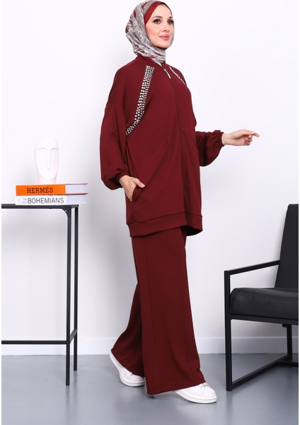 Bordo Çift Cepli Taş Işlemeli Modal Takım fiyatları