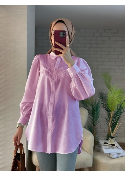 Alpaco Güpür Püsküllü Ham Keten Balon Kol Gömlek -Pudra -Collectıon