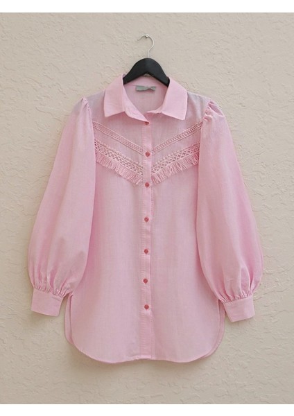 Alpaco Güpür Püsküllü Ham Keten Balon Kol Gömlek -Pudra -Collectıon fiyatları