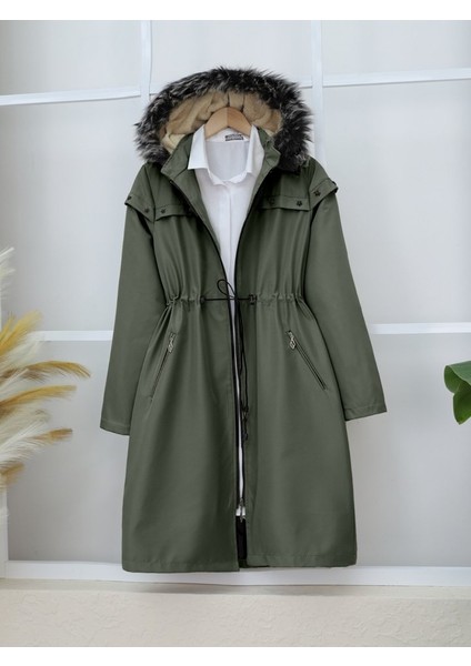 Alpaco Çıkma Kapşonlu Yıldız Metal Detaylı Kaban -Haki -Collectıon