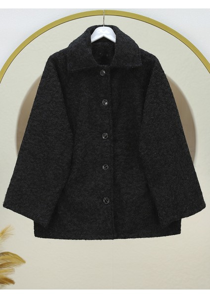 Alpaco Çift Cepli Önü Düğmeli Astarlı Buklet Kaban -Siyah -Collectıon