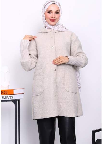 Taş Kapşonlu Buklet Kaban