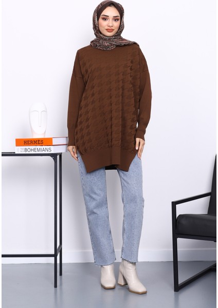 Kahverengi Kazayağı Desenli Soğuk İplik Triko Tunik fiyatları