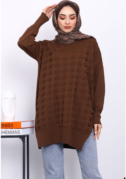 Kahverengi Kazayağı Desenli Soğuk İplik Triko Tunik modelleri
