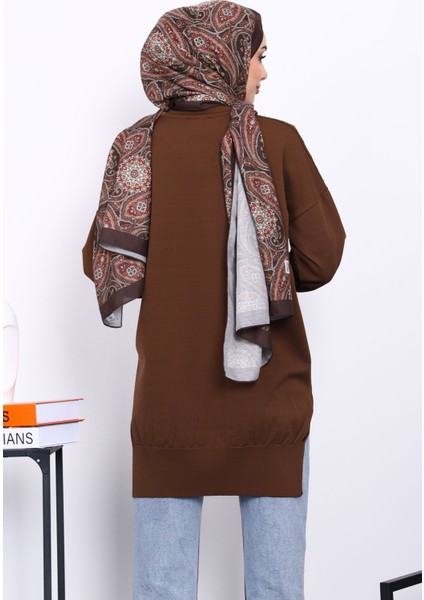 Kahverengi Kazayağı Desenli Soğuk İplik Triko Tunik fırsatları