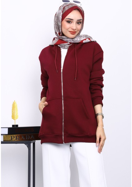 Mürdüm Cepli Fermuarlı Üç İplik Şardonlu Hırka