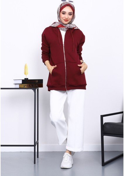 Mürdüm Cepli Fermuarlı Üç İplik Şardonlu Hırka fiyatları