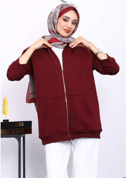 Mürdüm Cepli Fermuarlı Üç İplik Şardonlu Hırka modelleri