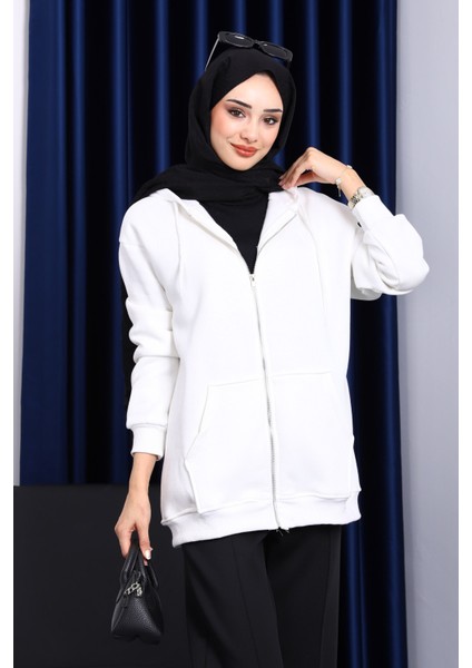 Ekru Cepli Fermuarlı Üç Iplik Şardonlu Hırka fiyatları