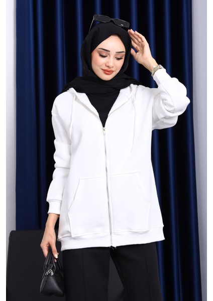 Ekru Cepli Fermuarlı Üç Iplik Şardonlu Hırka modelleri